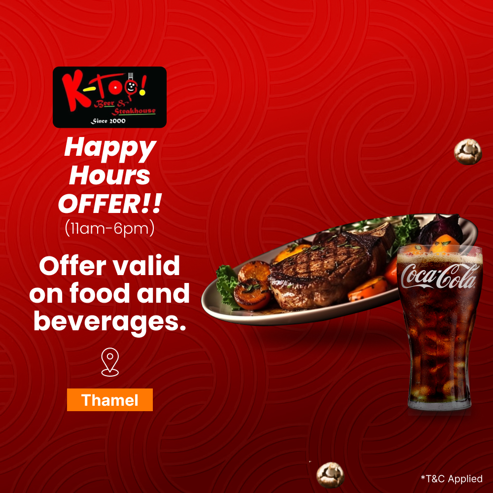 15% off on food and beverages menu on happy hour at K-Too! Beer & Steakhouse