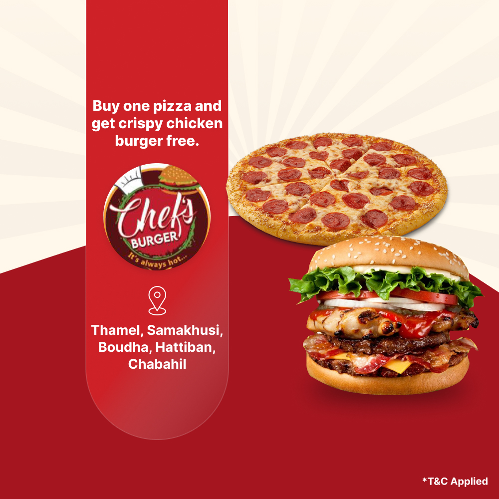 Buy one pizza and get crispy chicken burger free at Chef's Burger Pvt Ltd